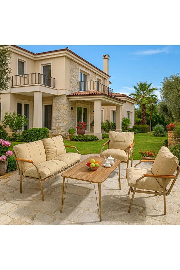 Linda Cappuccino 211 Masalı Bej Fermuarlı Bahçe Balkon Takımı,Cafe-Metal Kanepe Koltuk Takımı